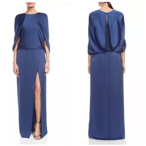 Halston Heritage Cape-Sleeve Satin Gown Navy Blue Cape Formal Long Maxi Dress